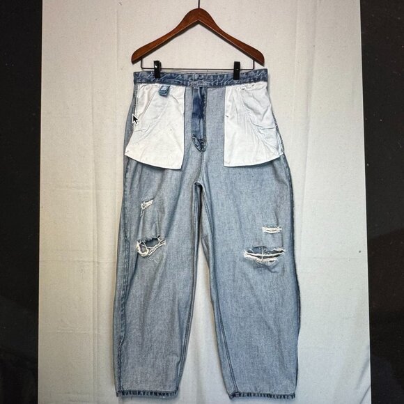 Zara Men Blue 100% Cotton Relaxed Baggy Fit Y2K Distressed Jeans Size 32 - Picture 8 of 13